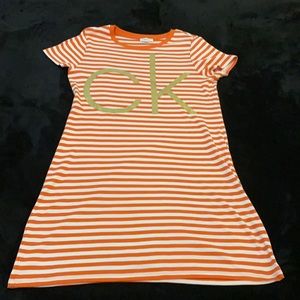 CALVIN KLIEN Orange and white T-shirt dress